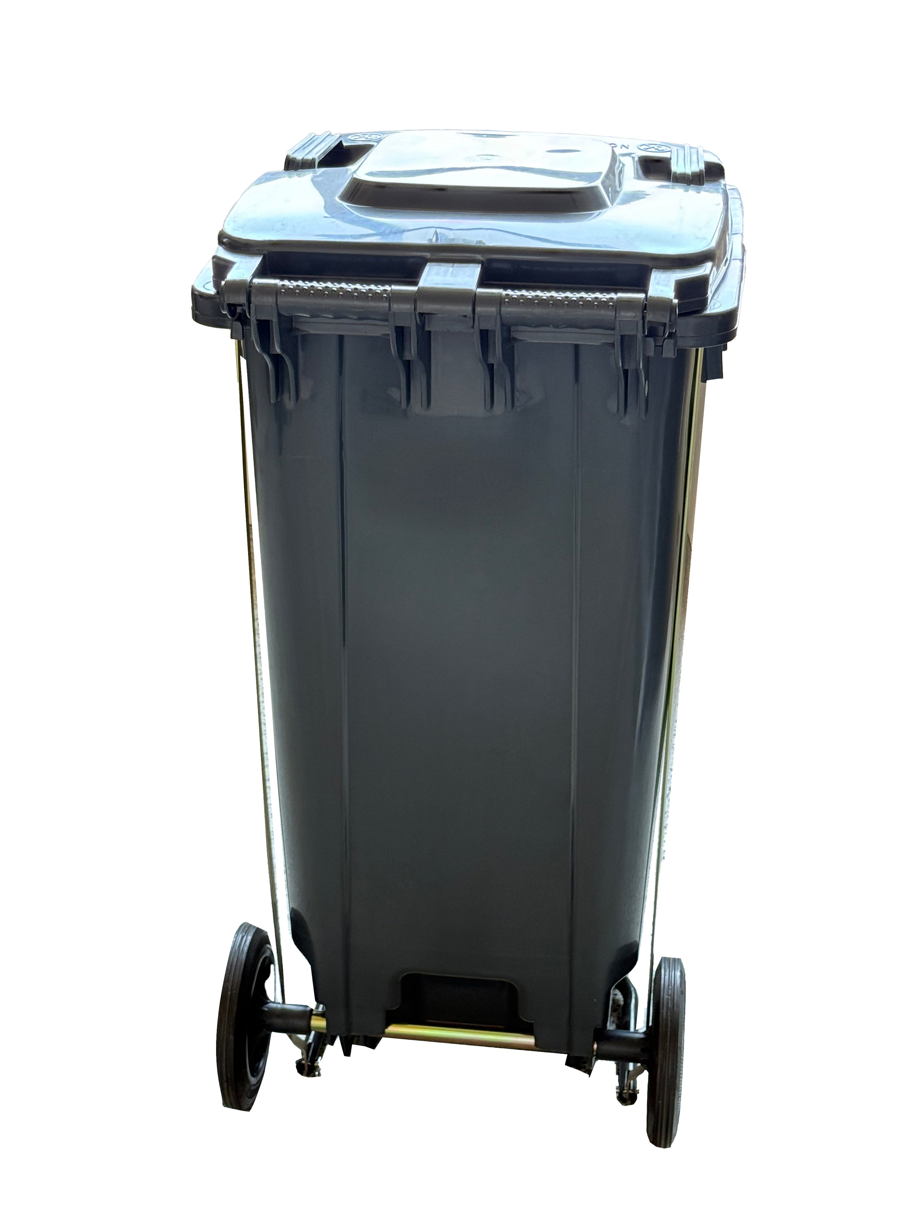 A large, tall, dark-grey Marcolo wheelie bin.