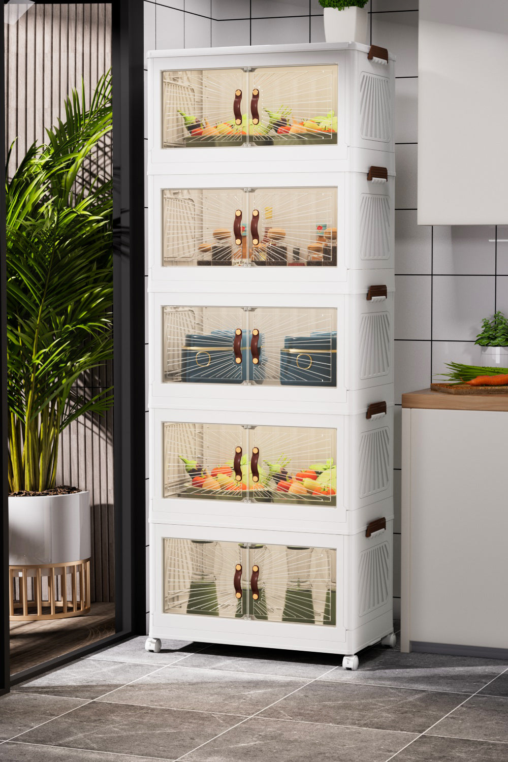 Marcolo 5-tier white plastic storage cabinet in kitchen.