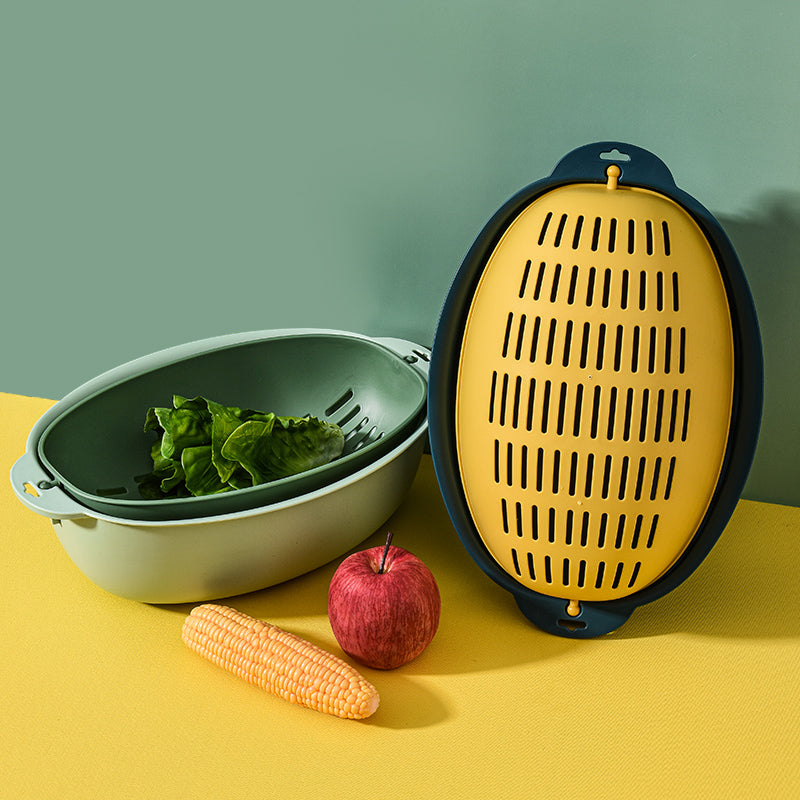 Two different colored, nested Marcolo colander and bowl sets.