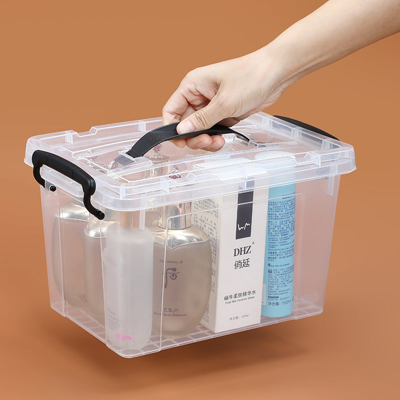 Marcolo clear storage box with black handle and latch.