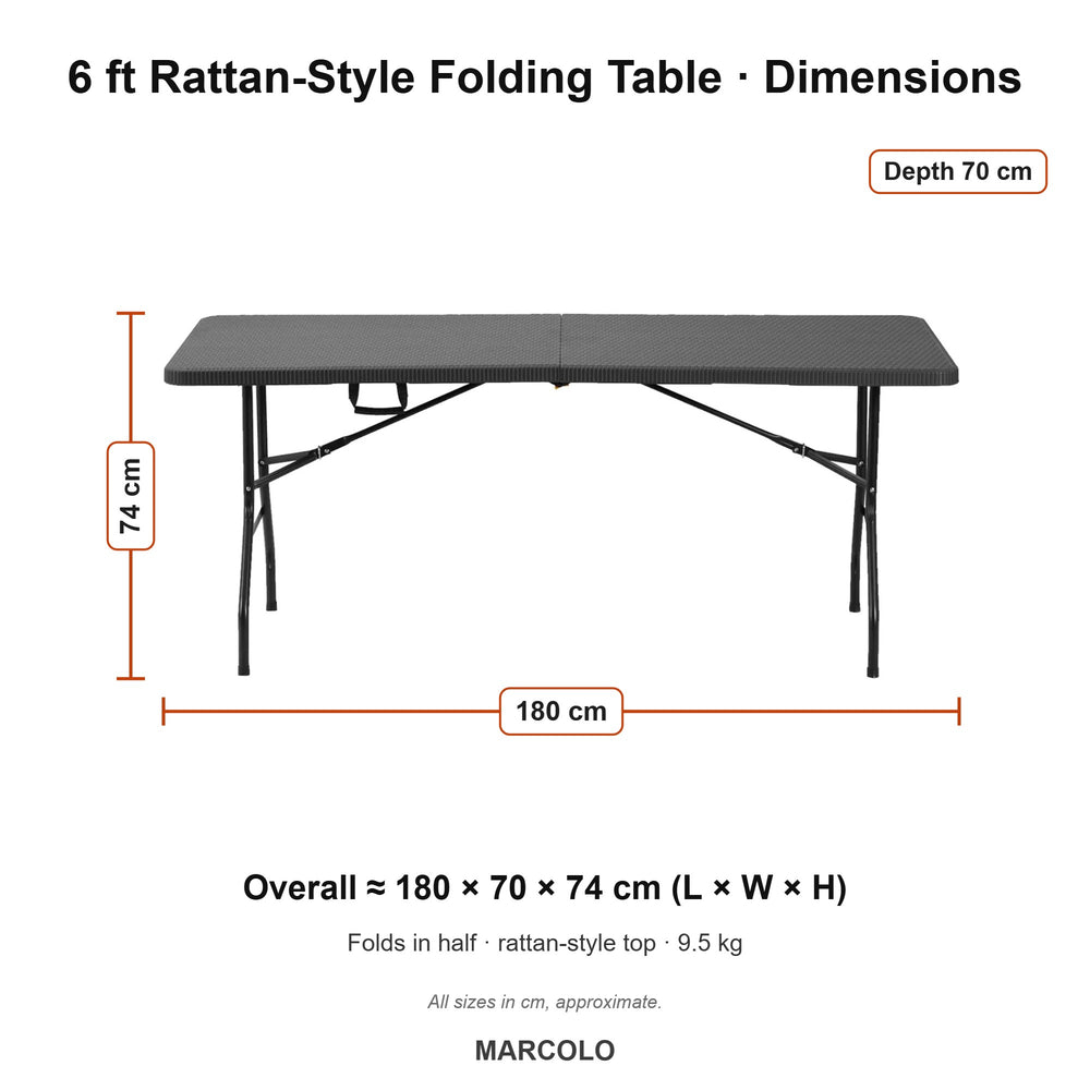6 ft Rattan-Style Rectangular Folding Table – dimensions