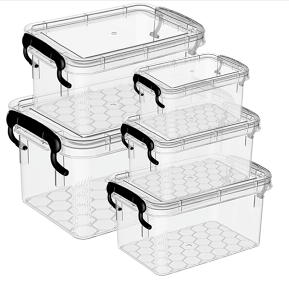 Marcolo clear plastic storage bins with black handles.