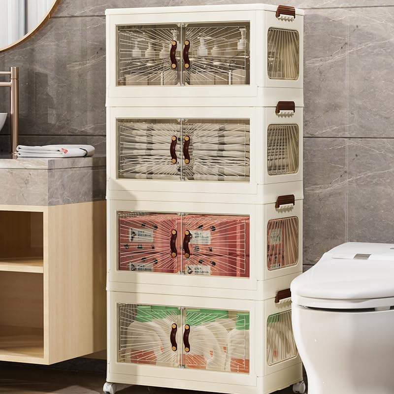 Marcolo 4-tier stackable plastic storage cabinet in bathroom.