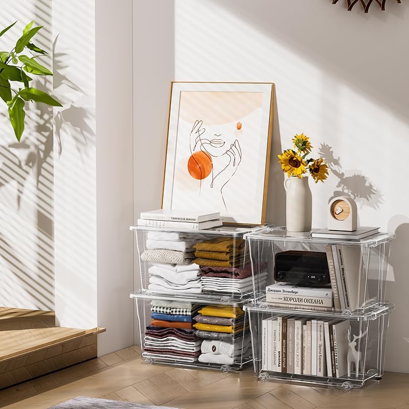 Two Marcolo clear storage boxes with books and décor.