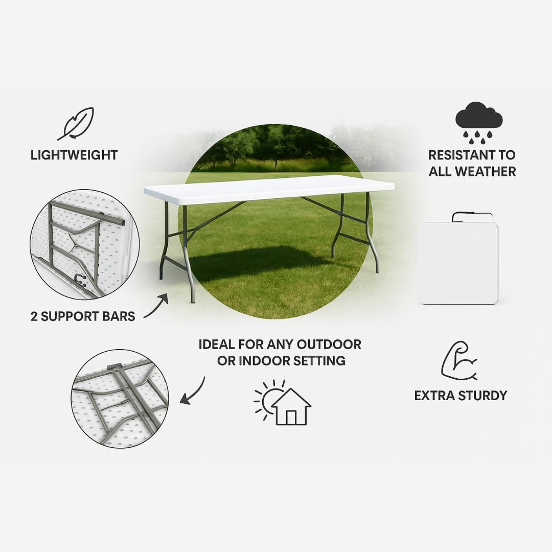 White rectangular plastic folding table product features.