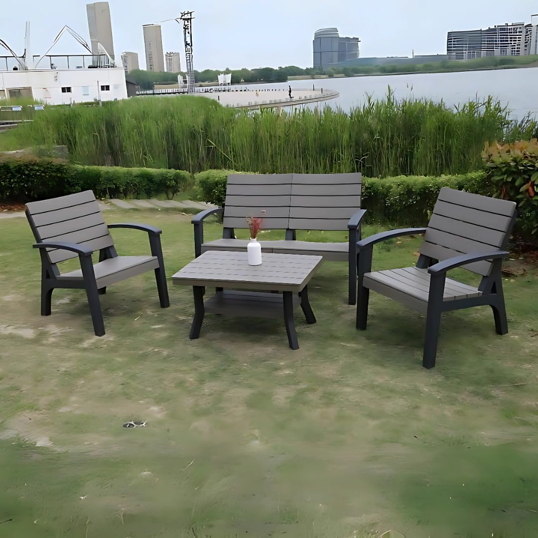 Marcolo gray and black plastic outdoor furniture set.