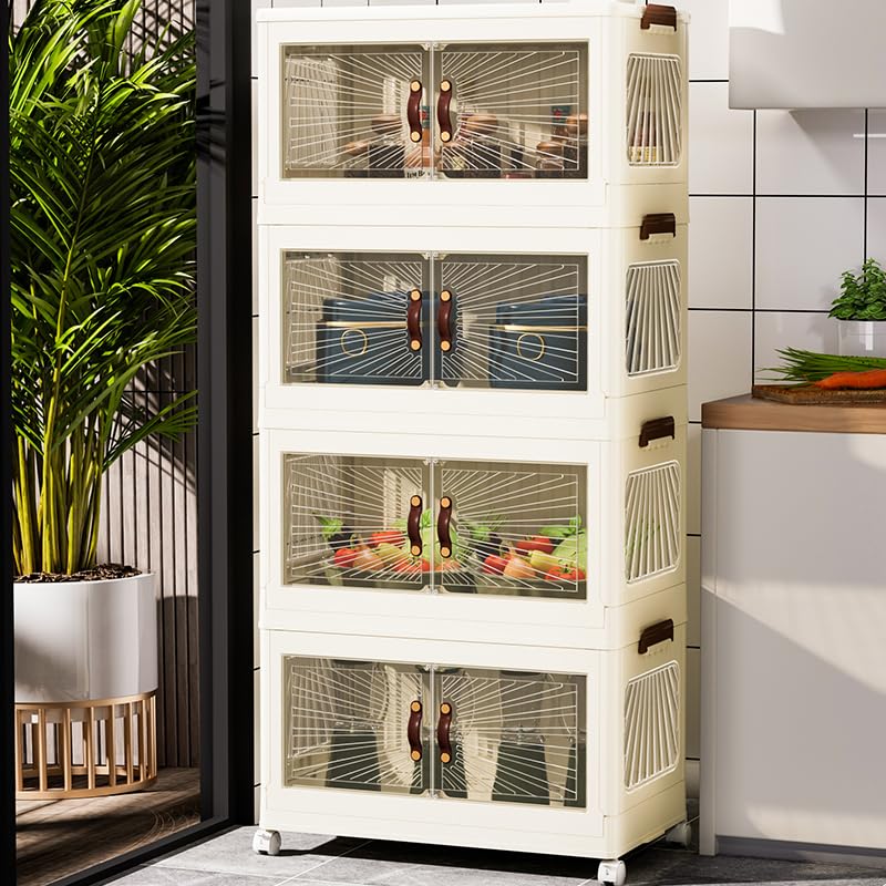 A beige, four-tier Marcolo cabinet with brown leather handles in a kitchen.