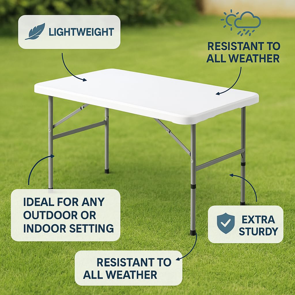 Marcolo lightweight, weather-resistant folding table on grass.