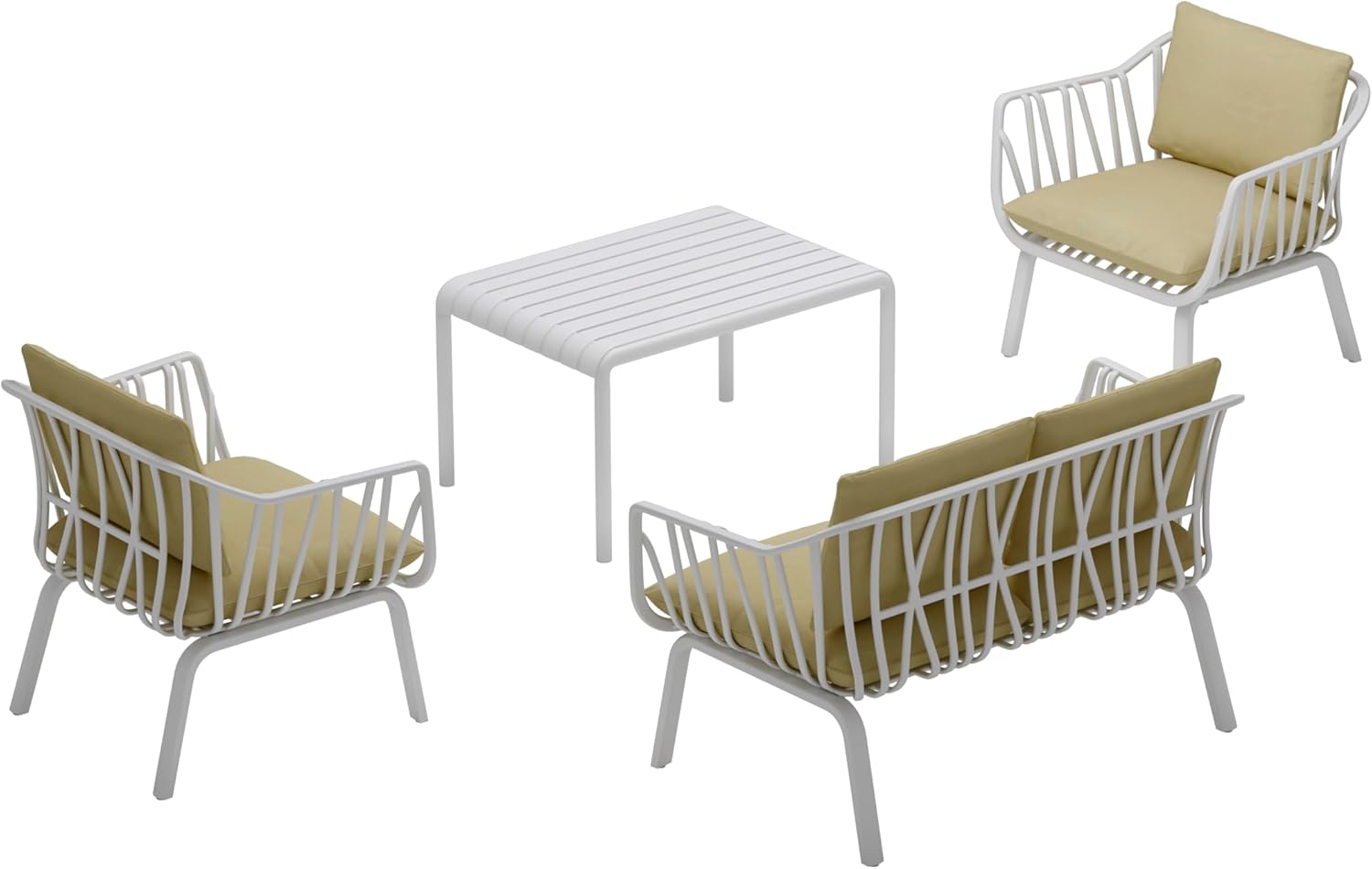 White plastic 4-piece patio set with tan cushions.