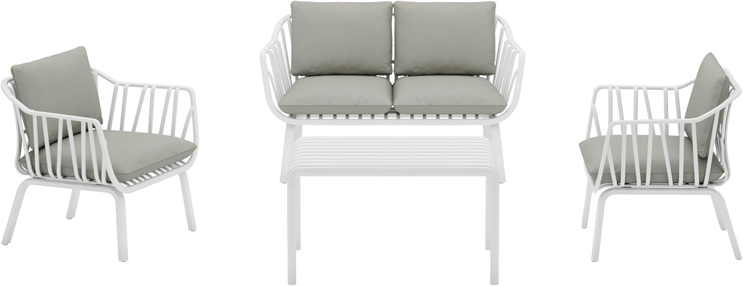 Marcolo 4-piece white outdoor set with gray cushions.