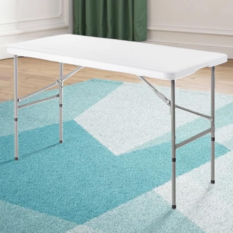 White plastic Marcolo rectangular folding table on a rug.