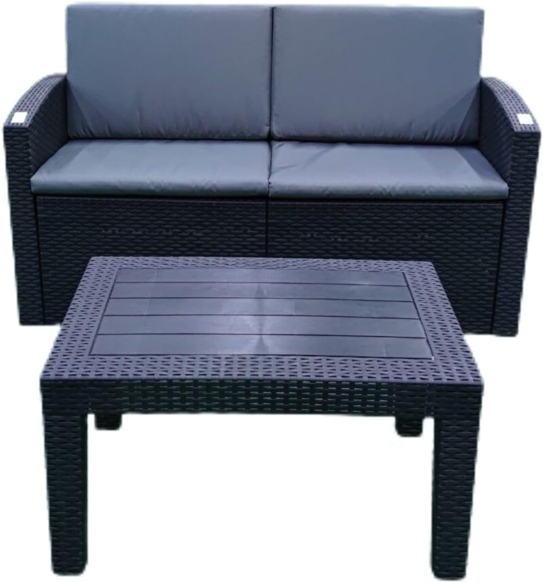 Marcolo black woven rattan sofa set with gray cushions.