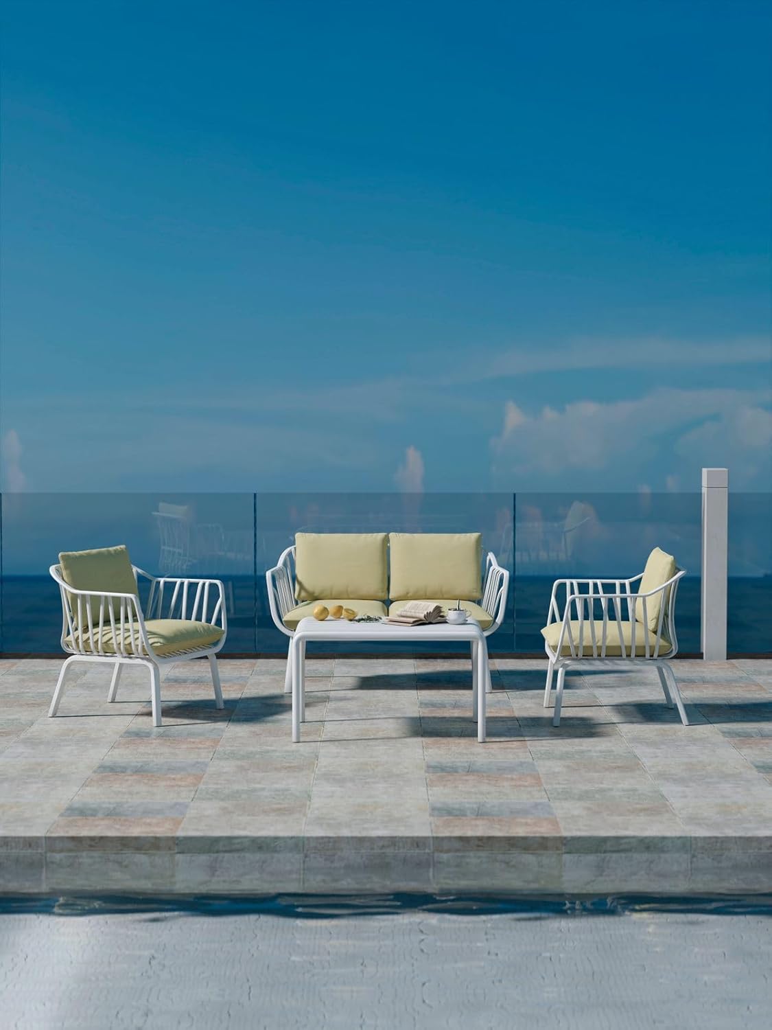 Marcolo white metal 4-piece patio set with beige cushions.