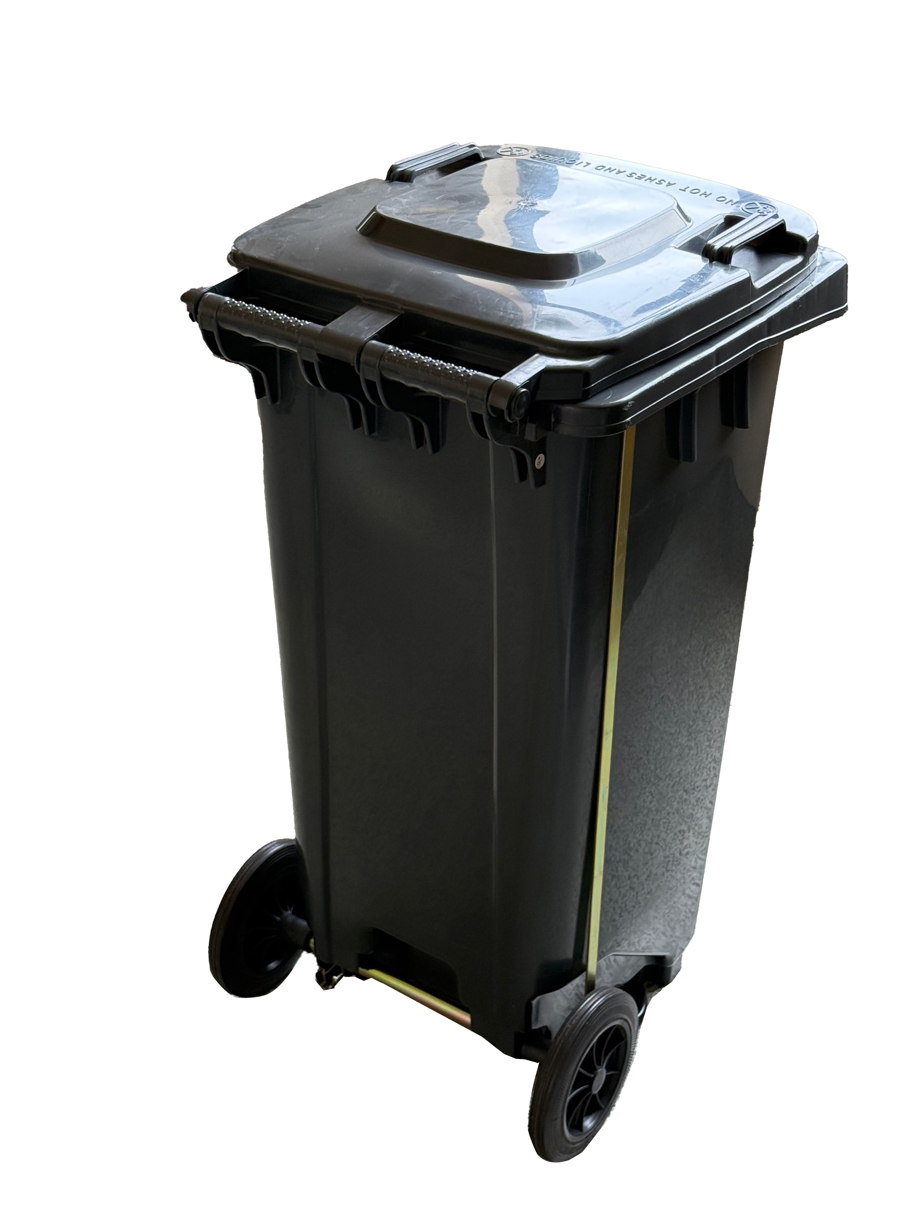 Marcolo large black plastic wheeled trash can with a locking lid.