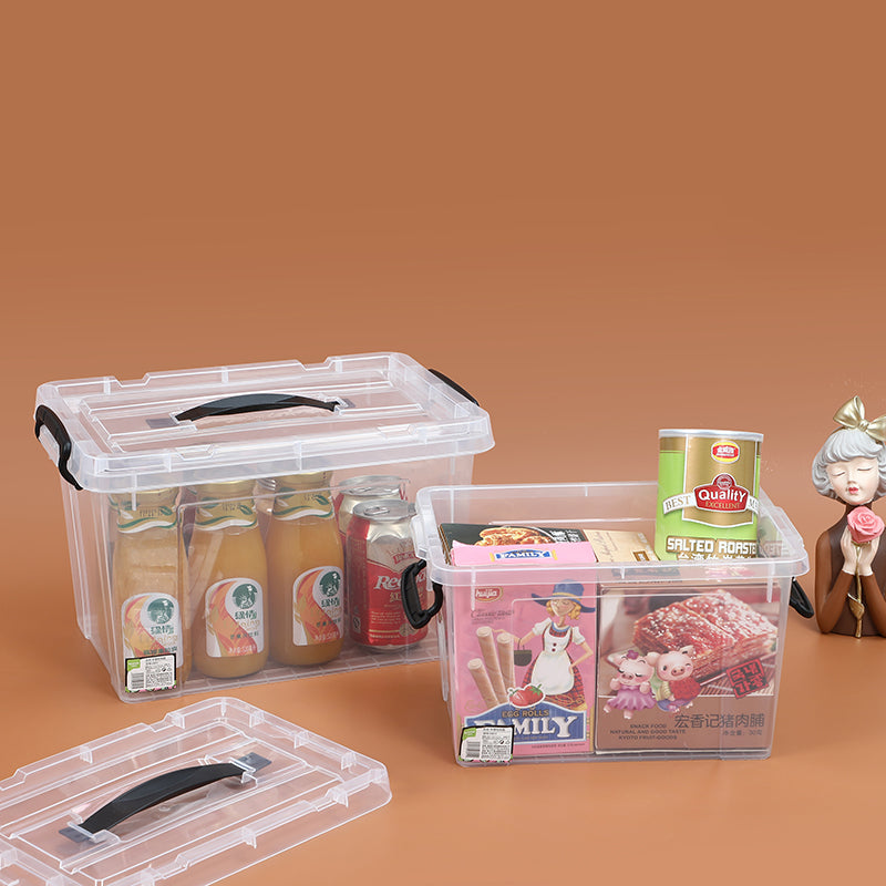 Marcolo clear storage bins with juice bottles and snacks.