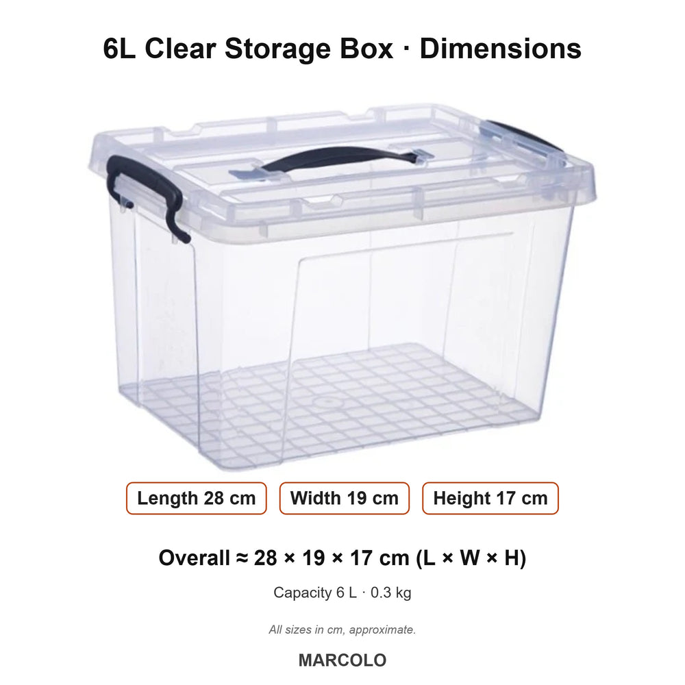 6L Clear Storage Box with Handle & Secure Lid – dimensions