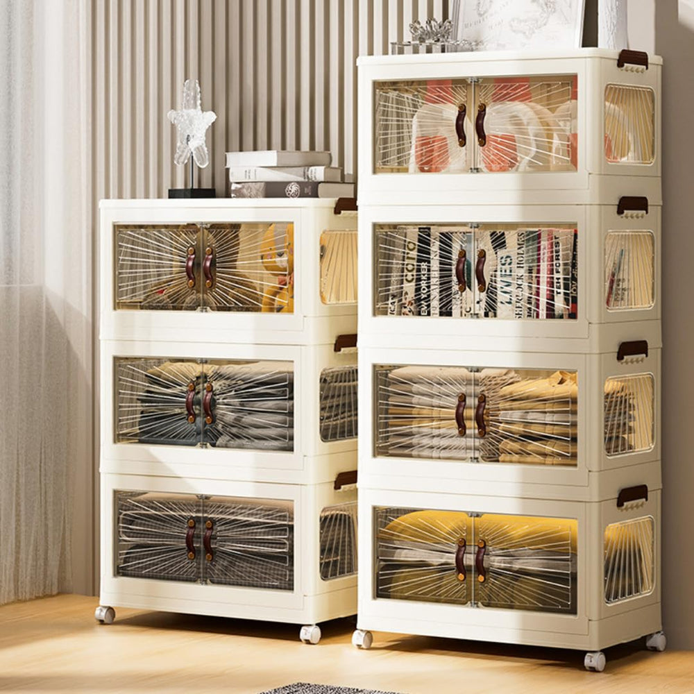 Two white Marcolo folding storage cabinets with clear doors.