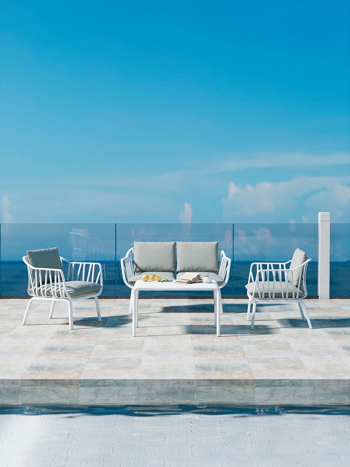 Marcolo 4pc white patio set by a pool.