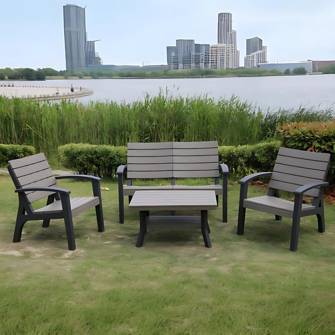 Marcolo 4-piece gray polywood patio set with a loveseat.