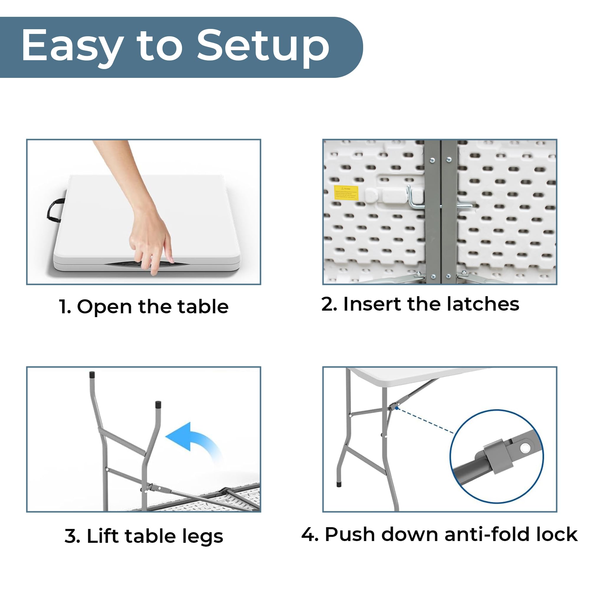 Marcolo folding table setup instructions with four steps.