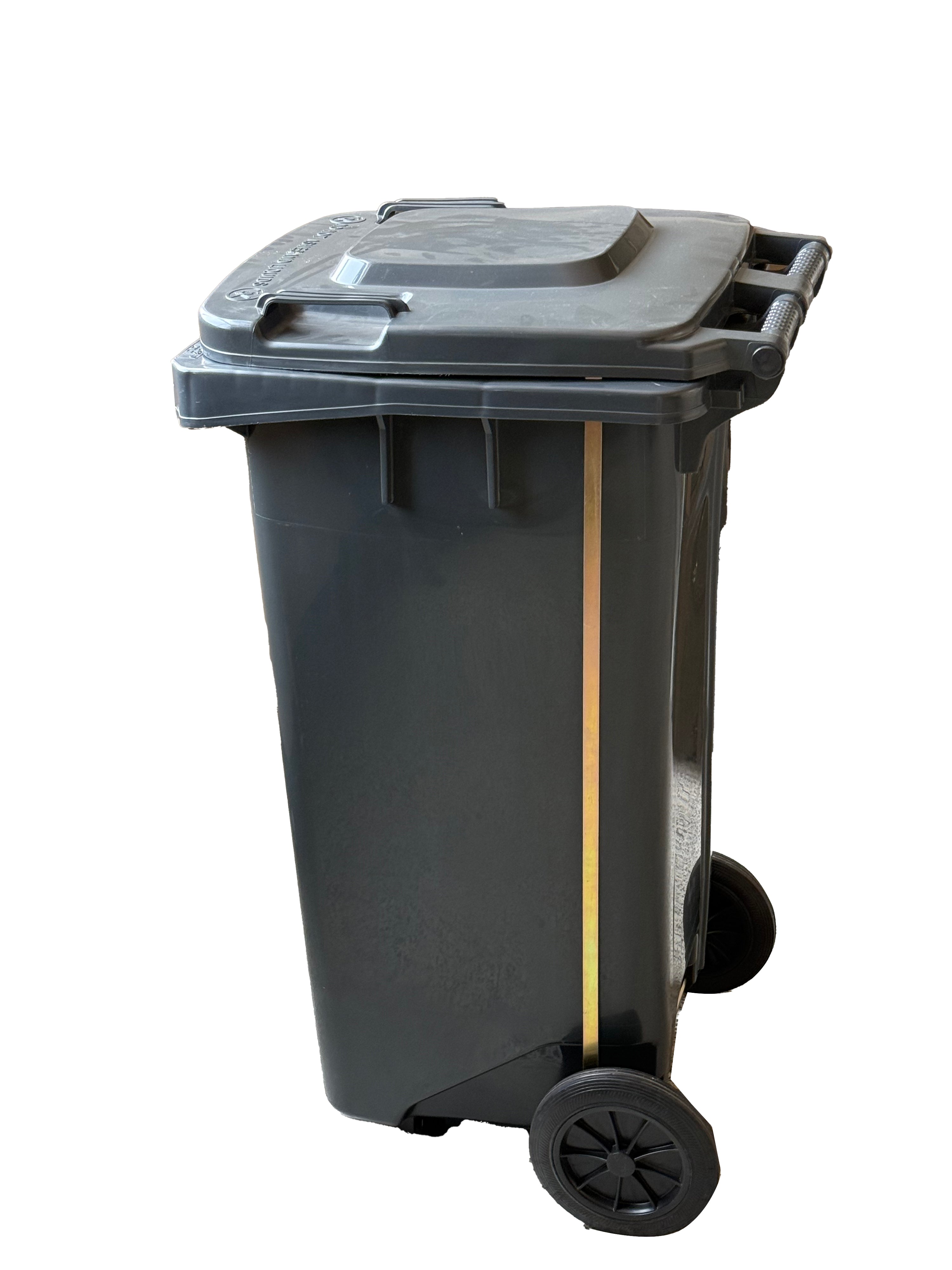 Large dark-gray plastic wheeled trash bin with lid.