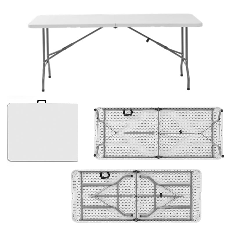 A large, white Marcolo folding table shown in four views.
