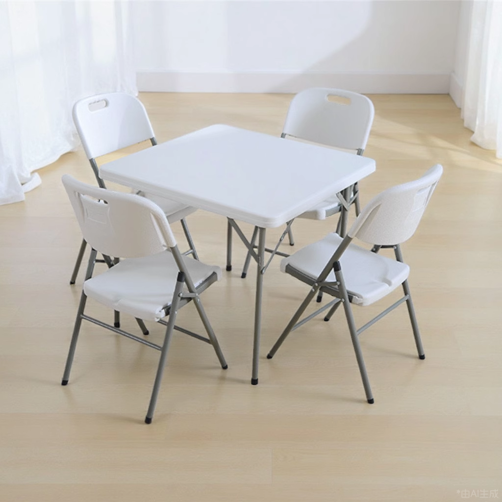 Marcolo white square folding table and four folding chairs in a room.