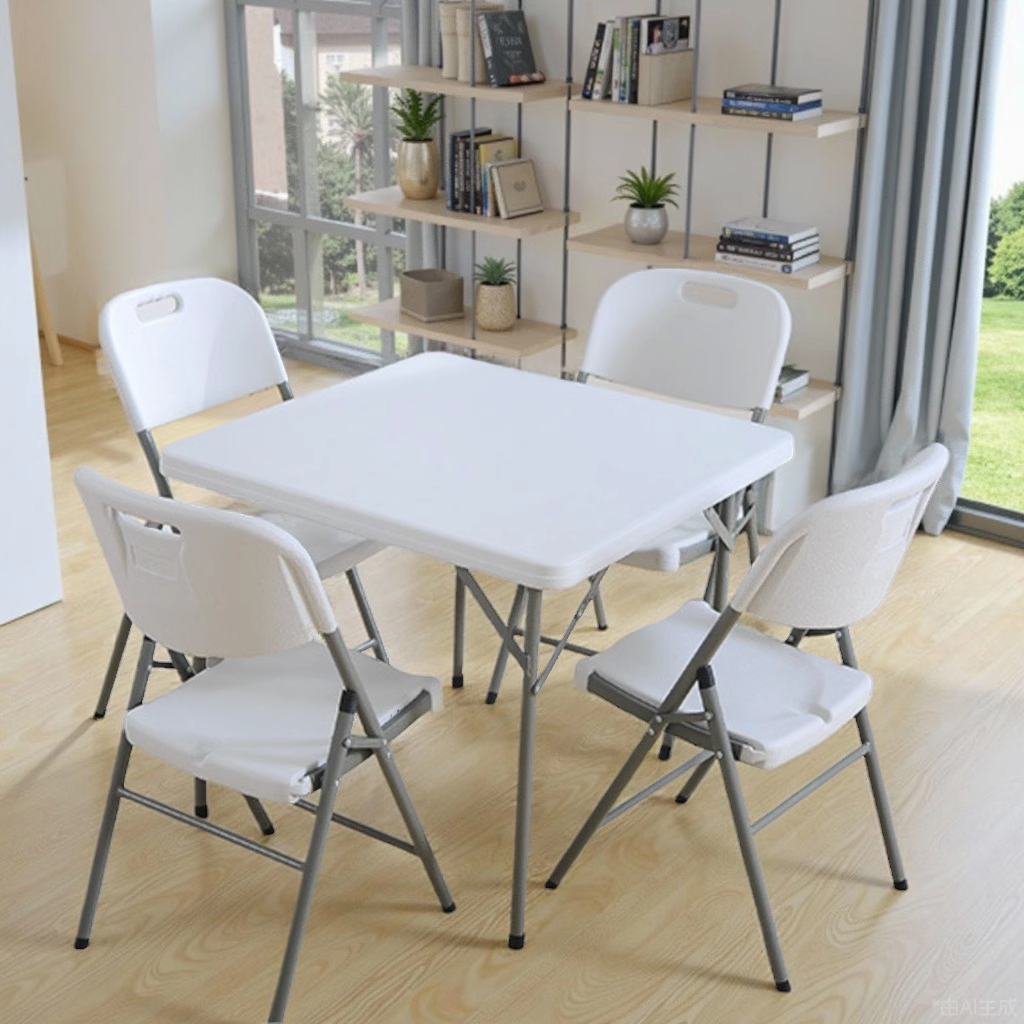 A white, square, Marcolo folding table with four matching chairs.