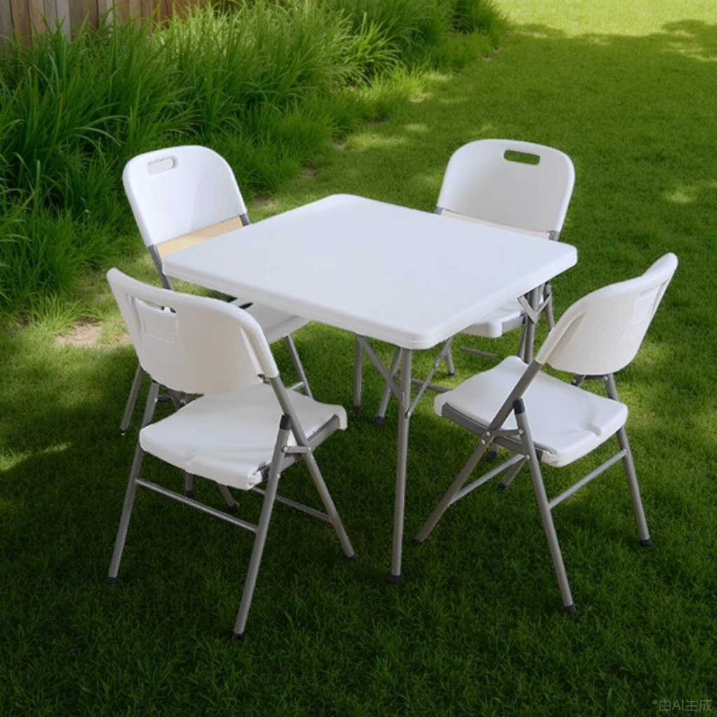 Marcolo white square folding table and four folding chairs set up on grass.