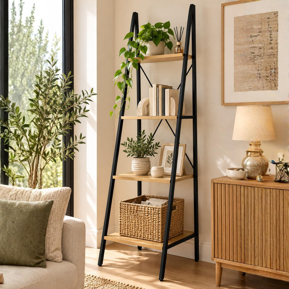 4-tier ladder shelf with plants and baskets in a living room