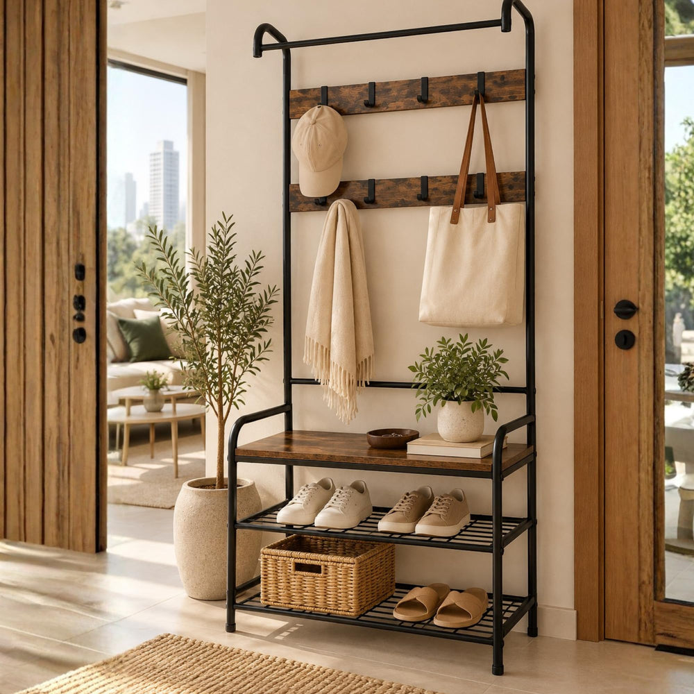 Flexi entryway rack in a hallway holding coats, bags and shoes