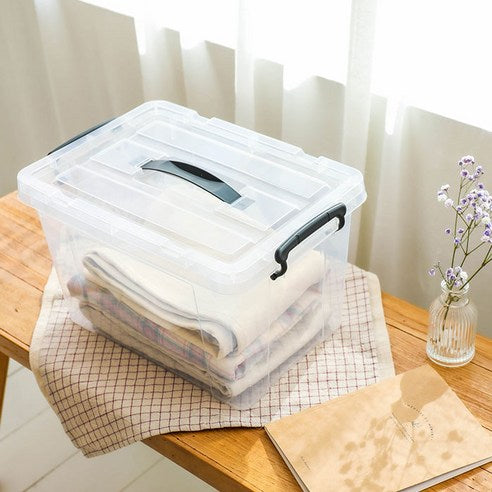 Clear plastic storage bin with lid and handle.