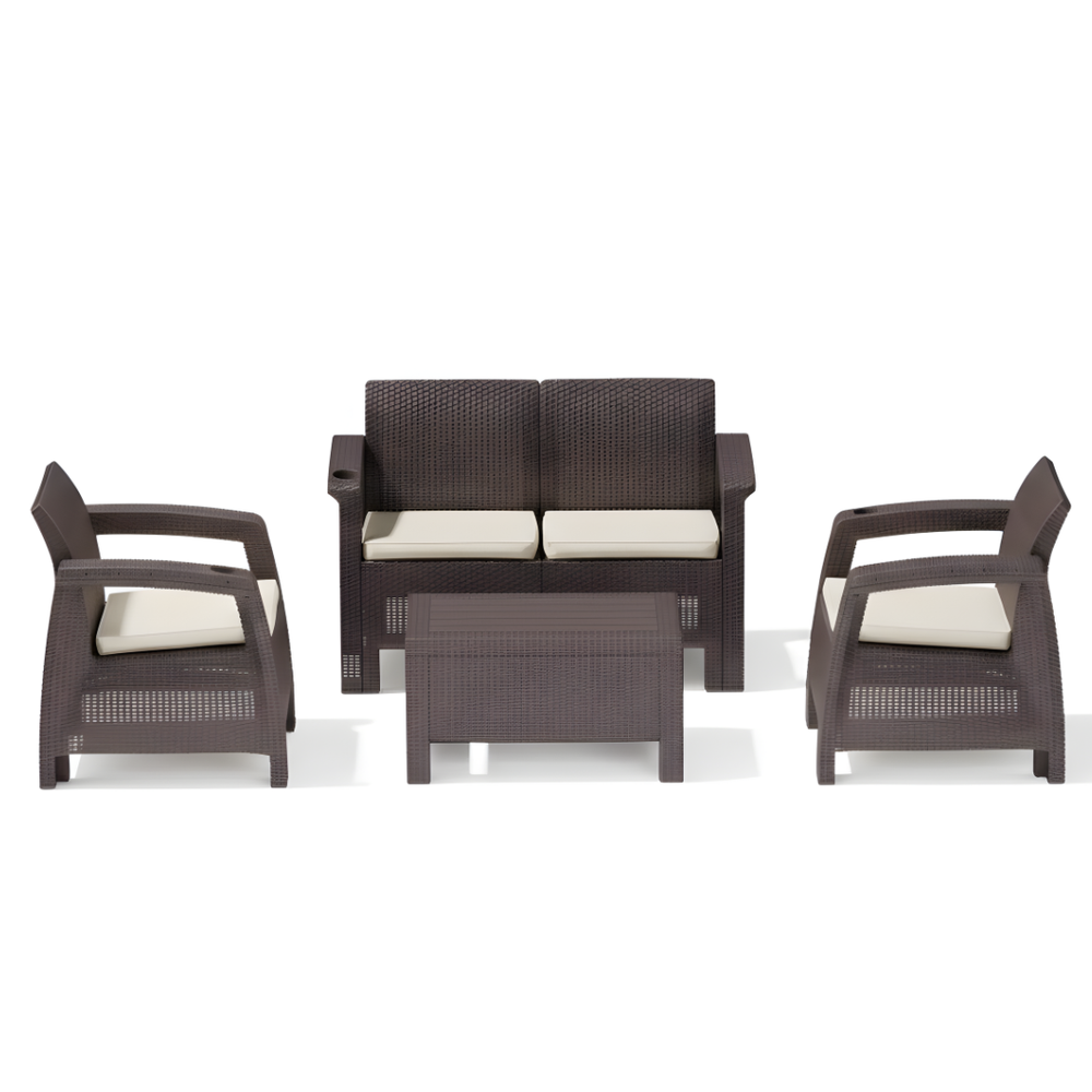 Marcolo 4-Seater Dark Brown Outdoor Sofa Set with Built-in Cup Holders