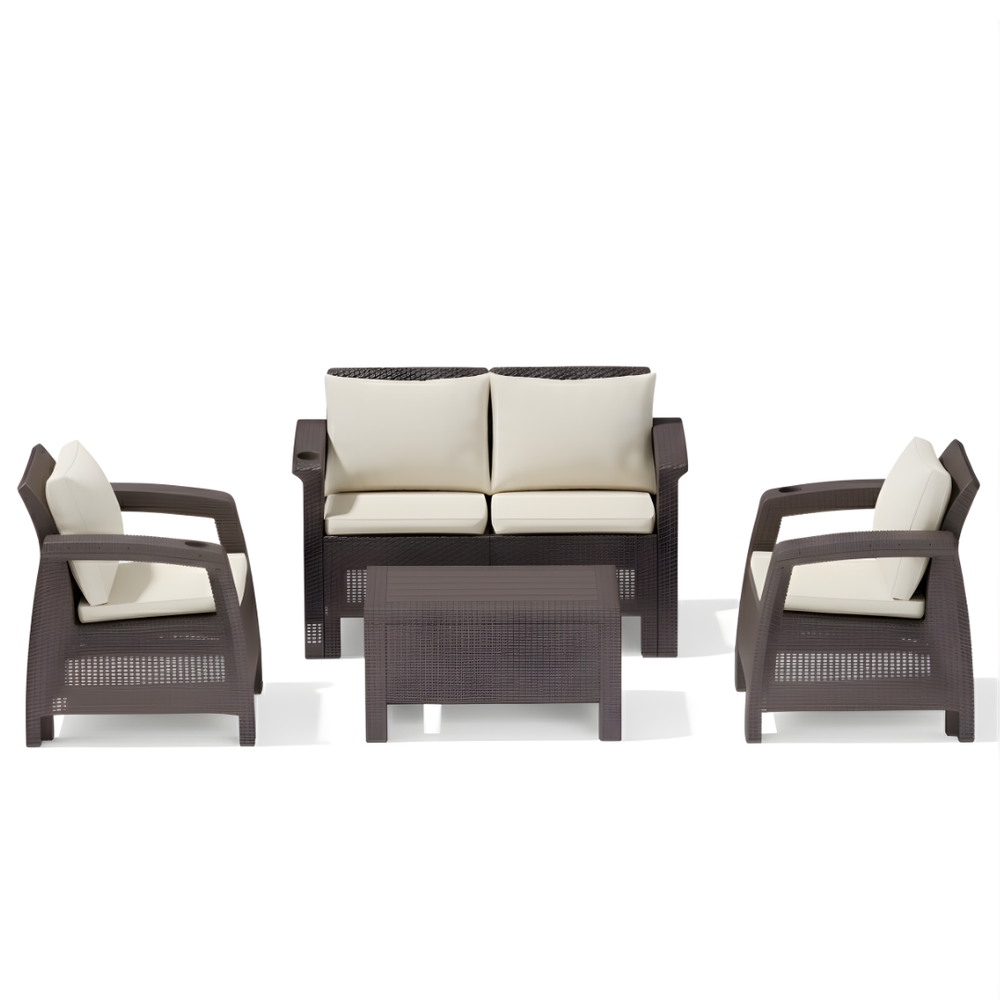 Marcolo Dark Brown 4-Seater Outdoor Sofa Set with Cream Cushions