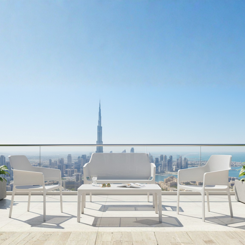 Marcolo White 4-Seater Outdoor Sofa Set with Coffee Table on a Patio