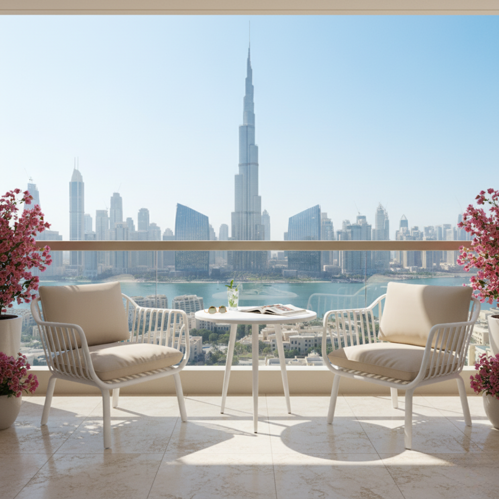 Marcolo 3-Piece Aria White Outdoor Bistro Set on a Sunny Balcony