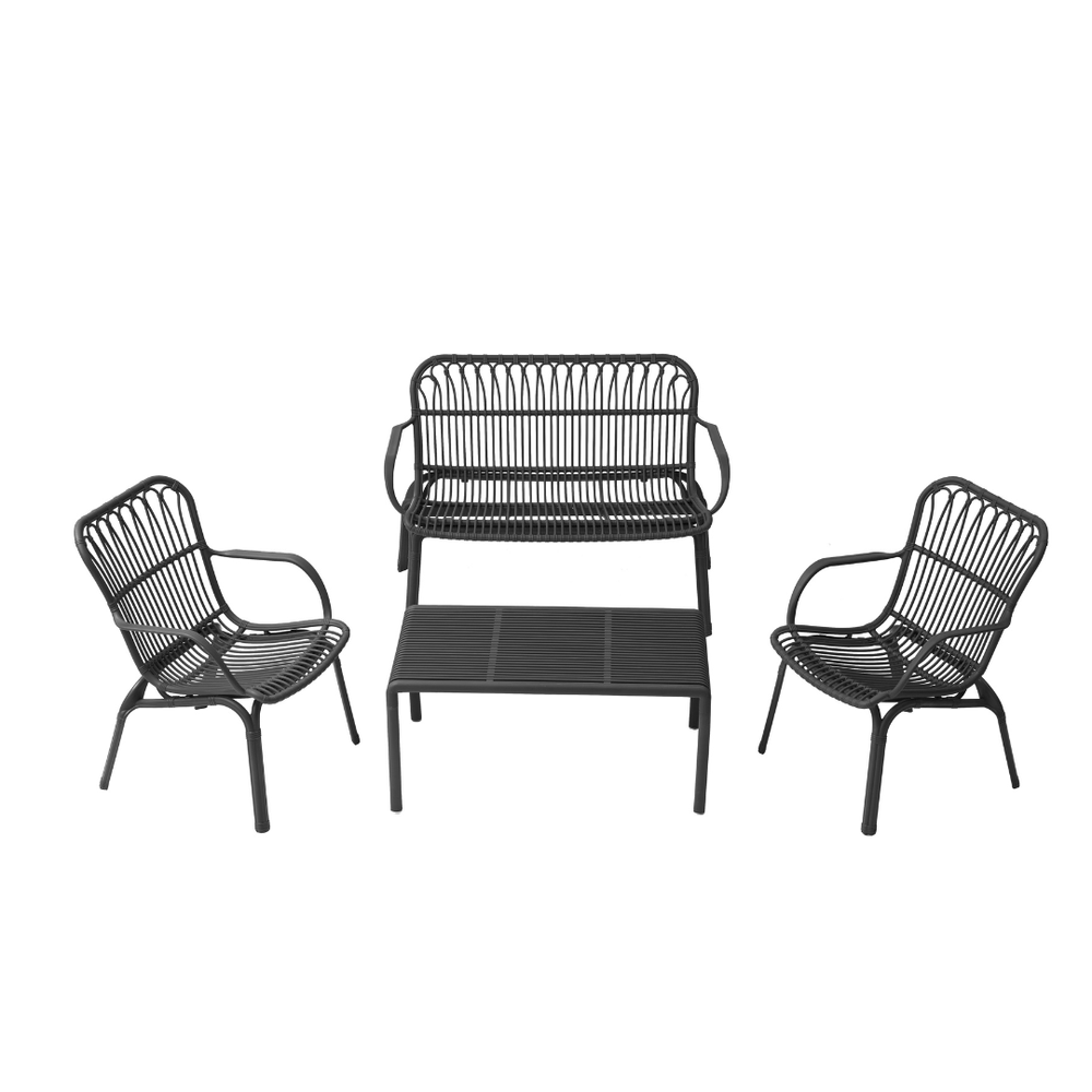 Marcolo dark gray metal bistro set with a bench and two chairs.