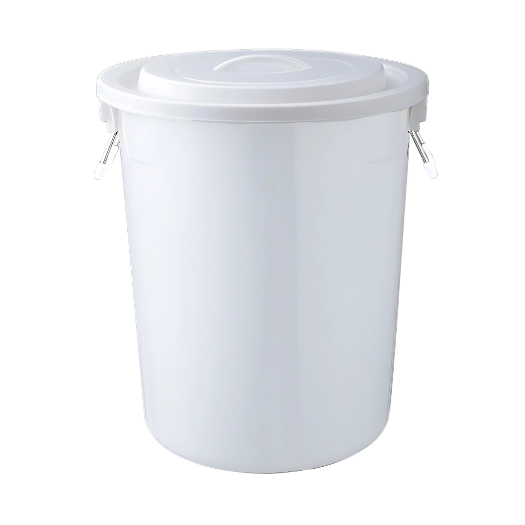 Marcolo white plastic bin with lid and side clips.