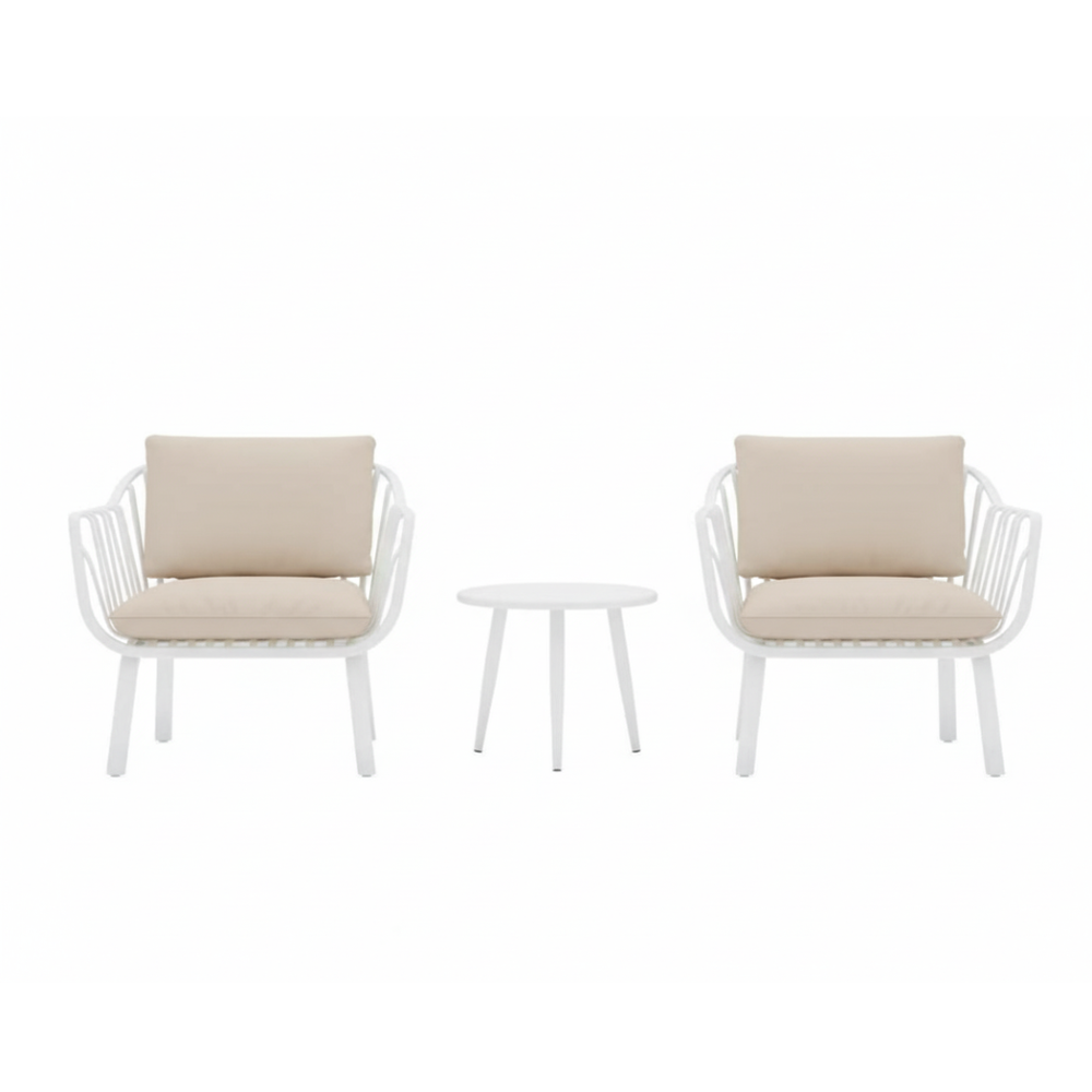 Marcolo 3-Piece Aria White Bistro Set with Beige Cushions on a Balcony