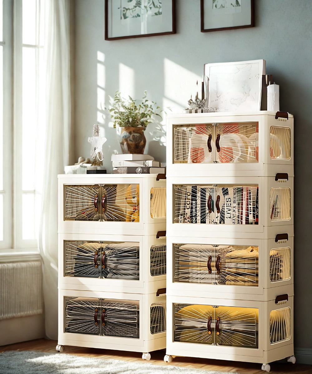 Marcolo 4-tier stackable storage cabinets in a living room.