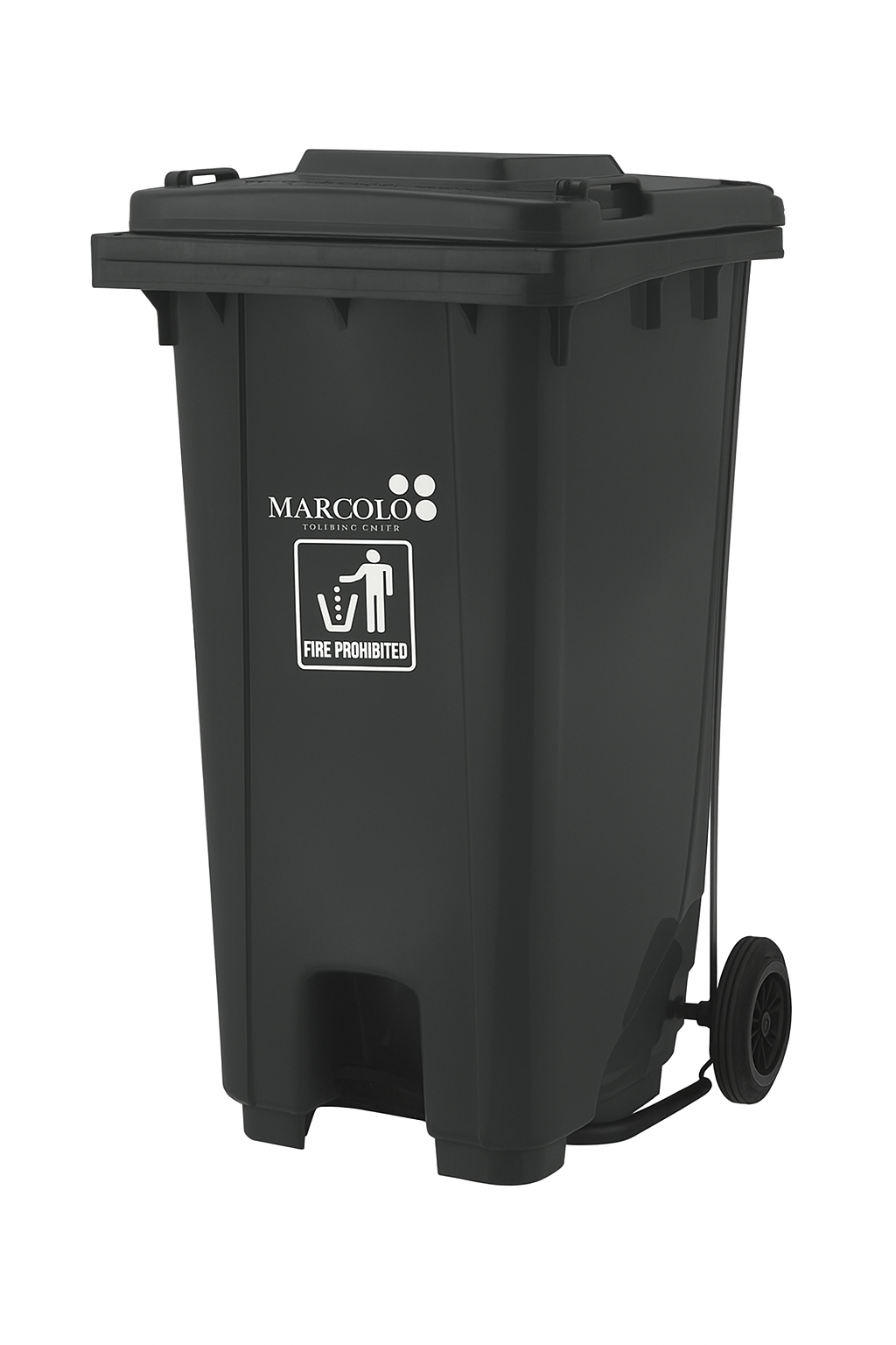 Marcolo large wheeled black trash can.