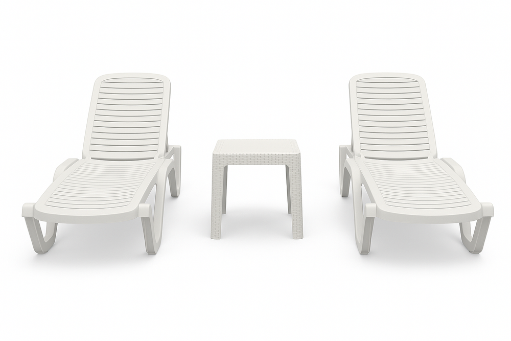 Marcolo 3pc white plastic sun lounger and table set.