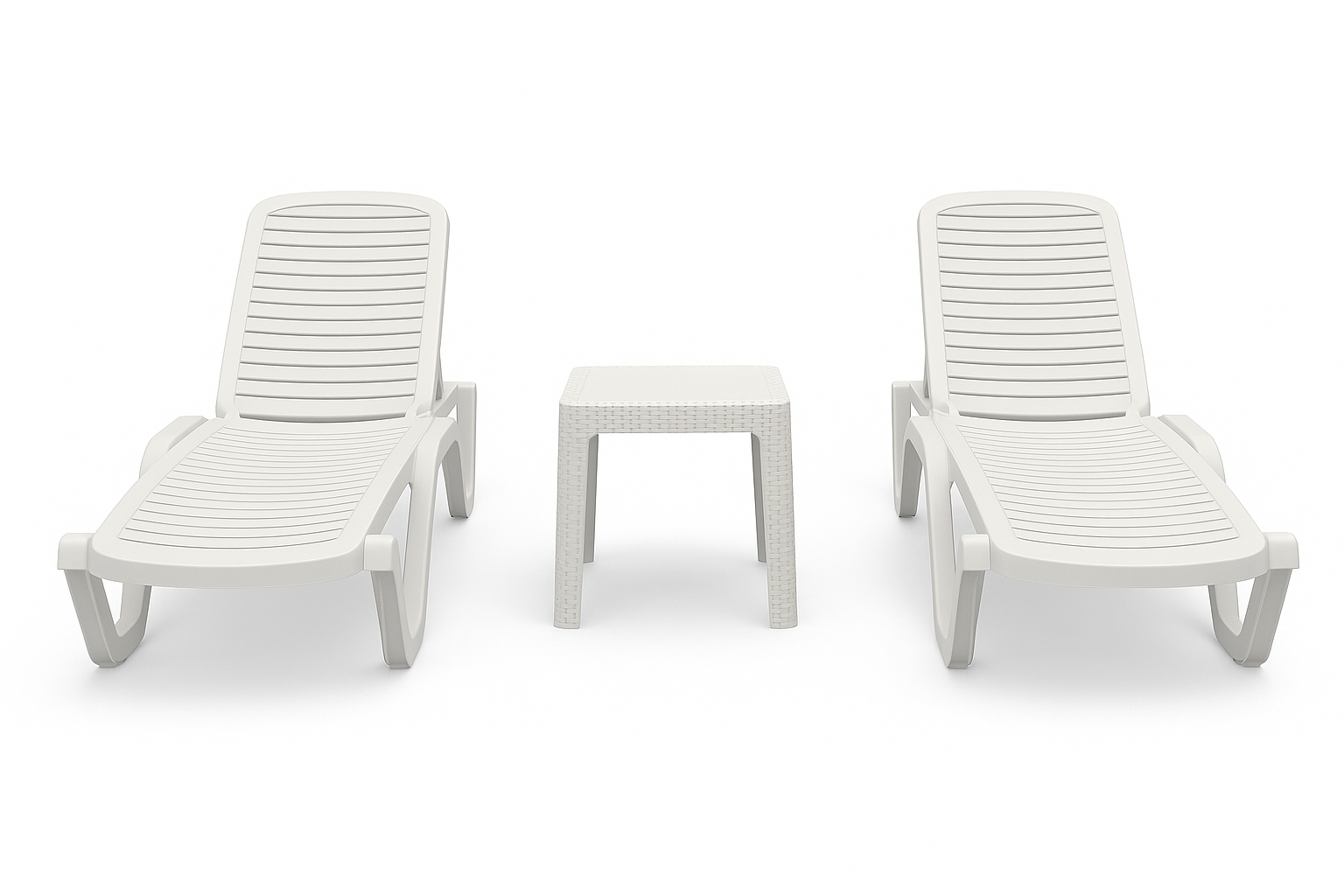 Marcolo 3pc white plastic sun lounger and table set.