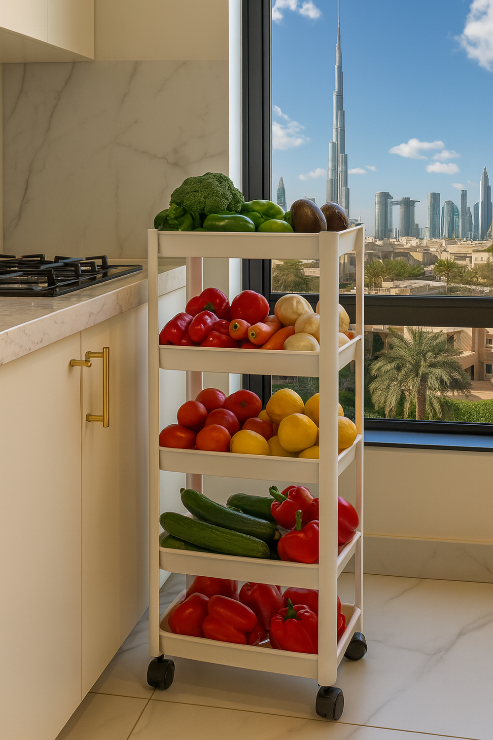 Marcolo 4-tier rolling plastic kitchen cart with produce.