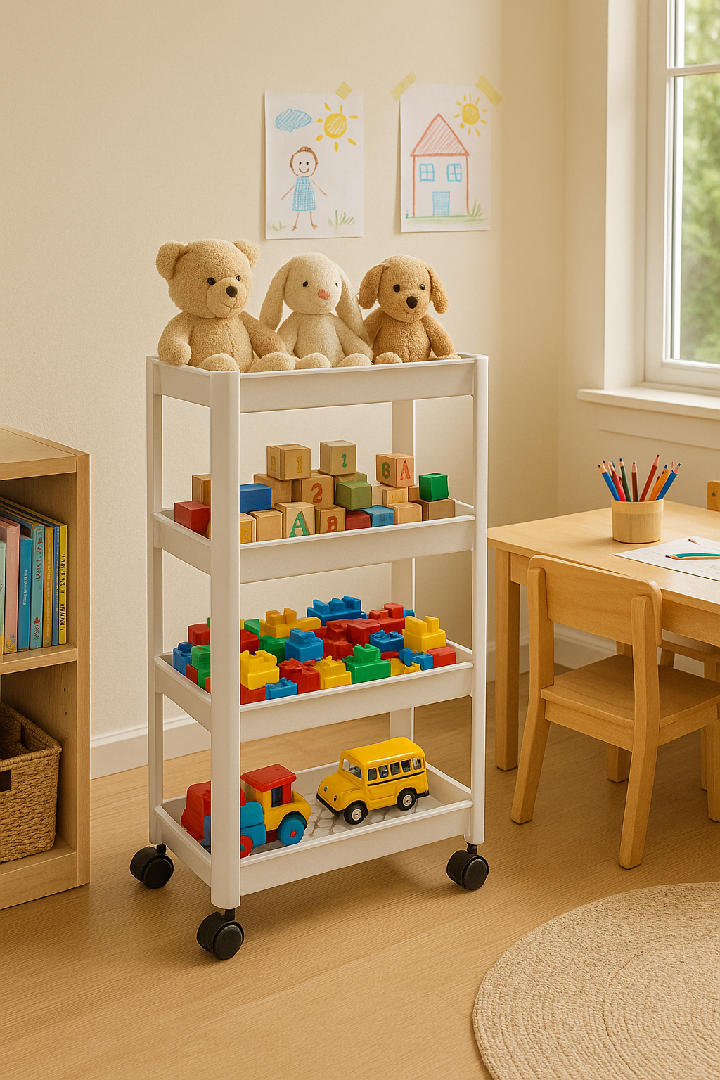 Marcolo white 4-tier rolling cart organizing toys in a kids room.