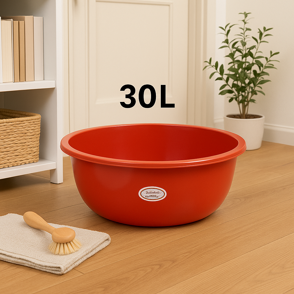 Marcolo 30L red plastic basin with brush.
