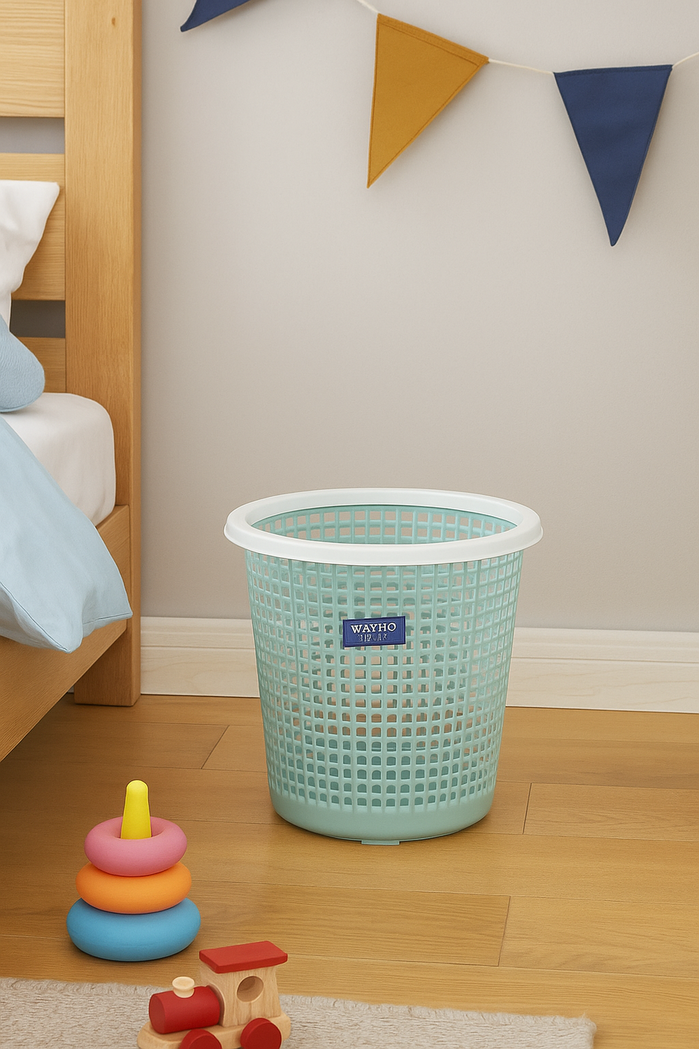 Mint green plastic woven Marcolo bin in a child's room.