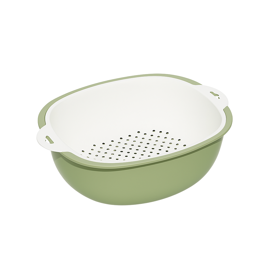 Marcolo 2-in-1 sage green and white plastic colander bowl.