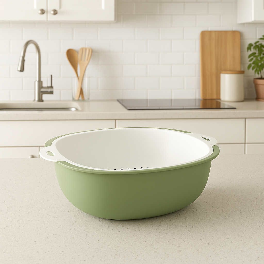 Marcolo green and white double-layer colander on a counter.