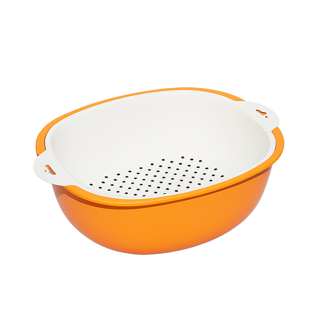 Orange and white Marcolo double-layer colander with handles.
